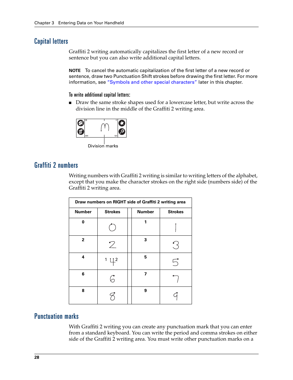 Capital letters, To write additional capital letters, Graffiti 2 numbers | Punctuation marks | Palm TUNGSTEN T2 User Manual | Page 42 / 502