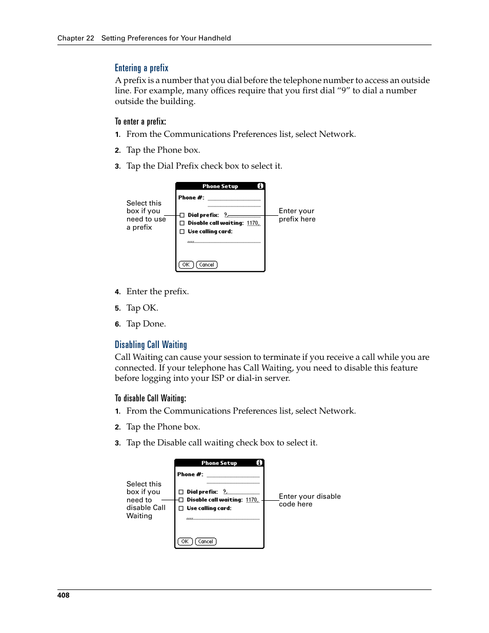 Entering a prefix, To enter a prefix, Disabling call waiting | To disable call waiting | Palm TUNGSTEN T2 User Manual | Page 422 / 502