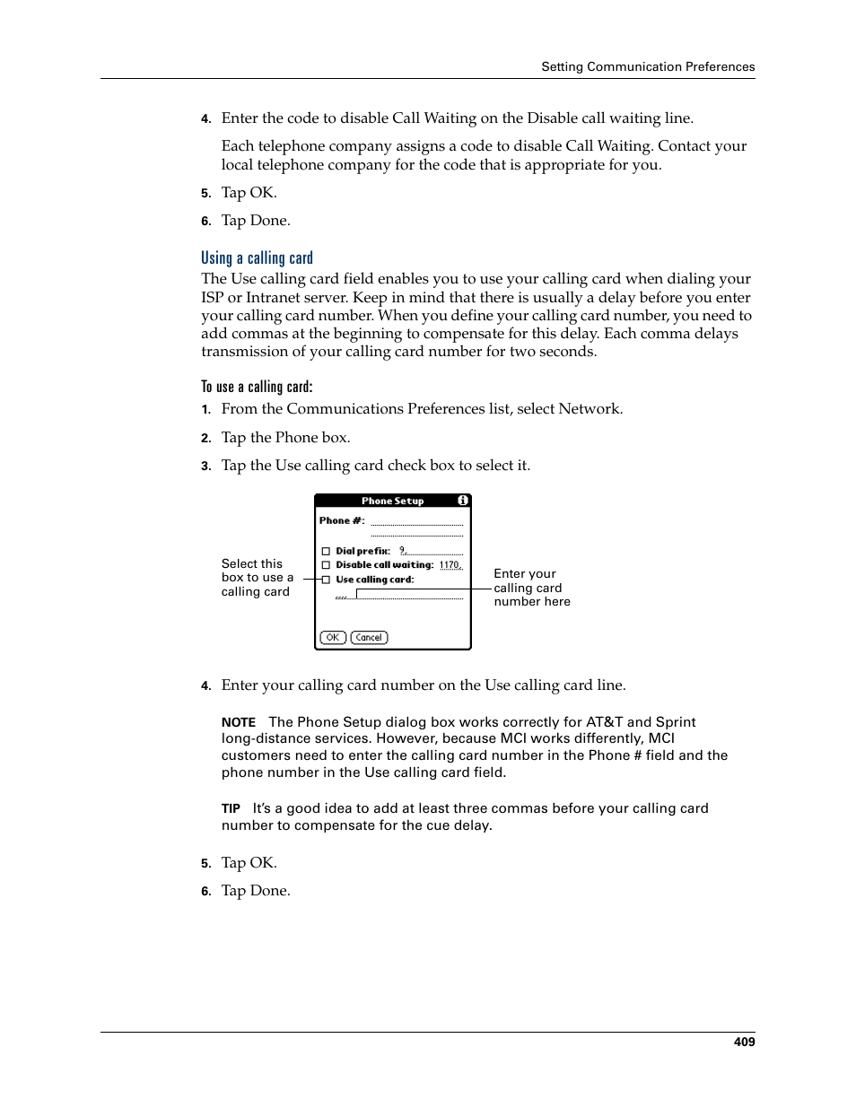 Using a calling card, To use a calling card | Palm TUNGSTEN T2 User Manual | Page 423 / 502