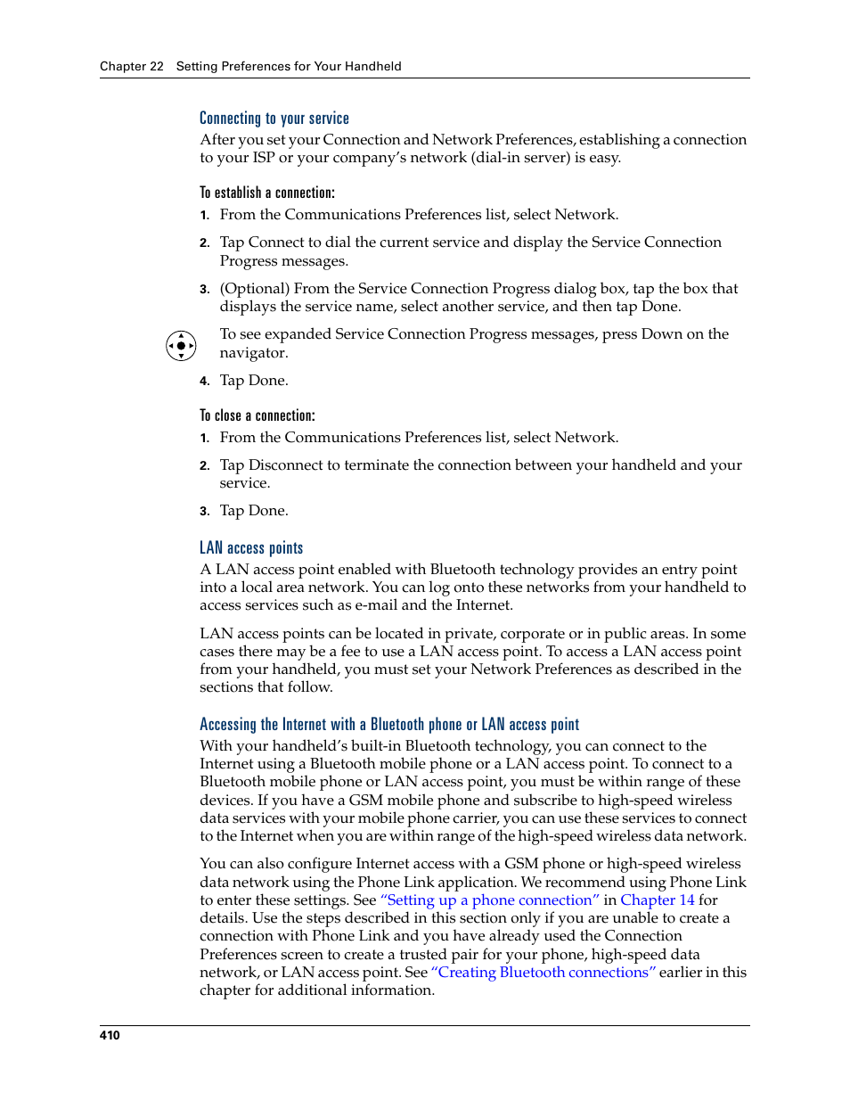 Connecting to your service, To establish a connection, To close a connection | Lan access points | Palm TUNGSTEN T2 User Manual | Page 424 / 502