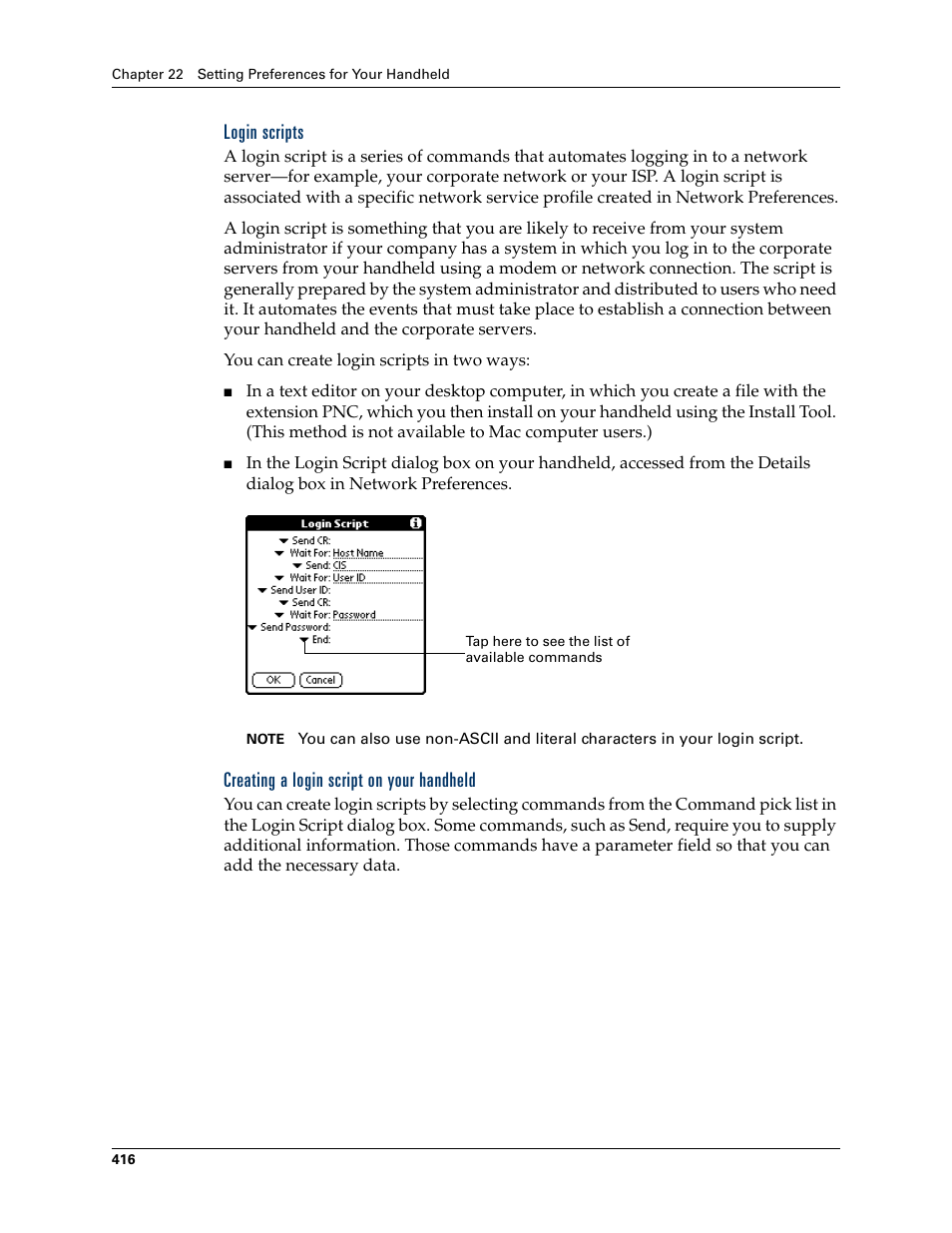 Login scripts, Creating a login script on your handheld | Palm TUNGSTEN T2 User Manual | Page 430 / 502