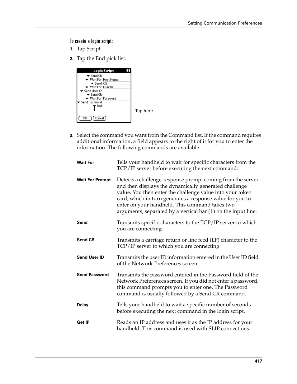 To create a login script | Palm TUNGSTEN T2 User Manual | Page 431 / 502