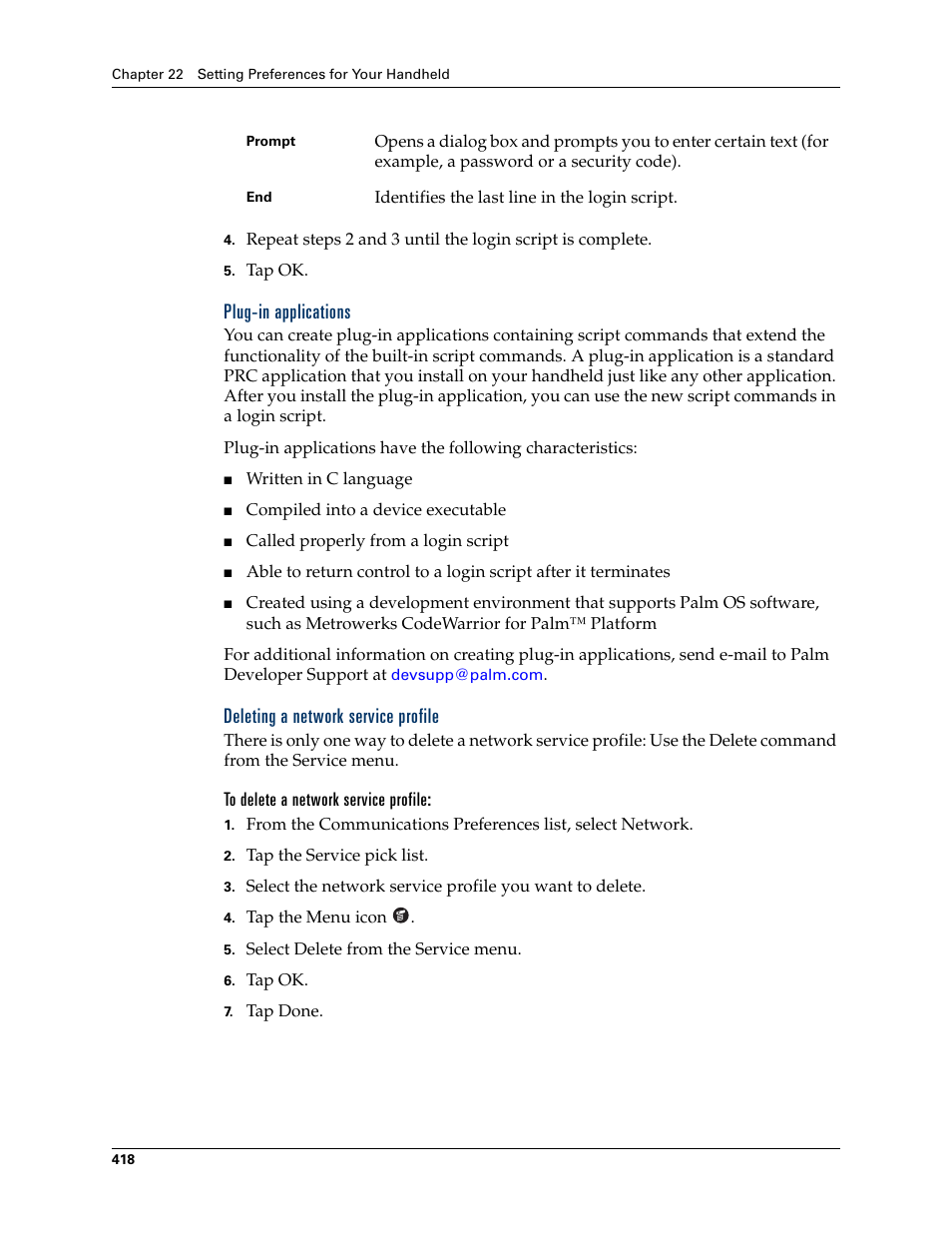 Plug-in applications, Deleting a network service profile, To delete a network service profile | Palm TUNGSTEN T2 User Manual | Page 432 / 502