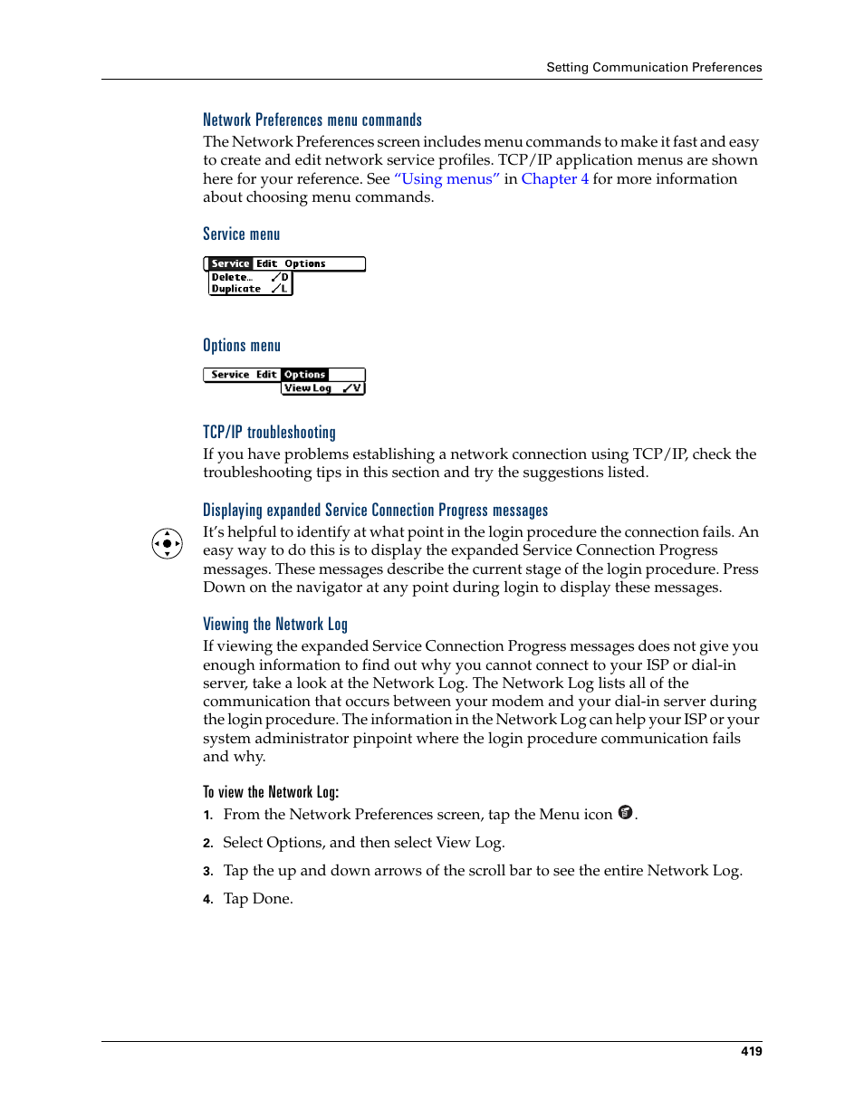 Network preferences menu commands, Service menu, Options menu | Tcp/ip troubleshooting, Viewing the network log, To view the network log | Palm TUNGSTEN T2 User Manual | Page 433 / 502