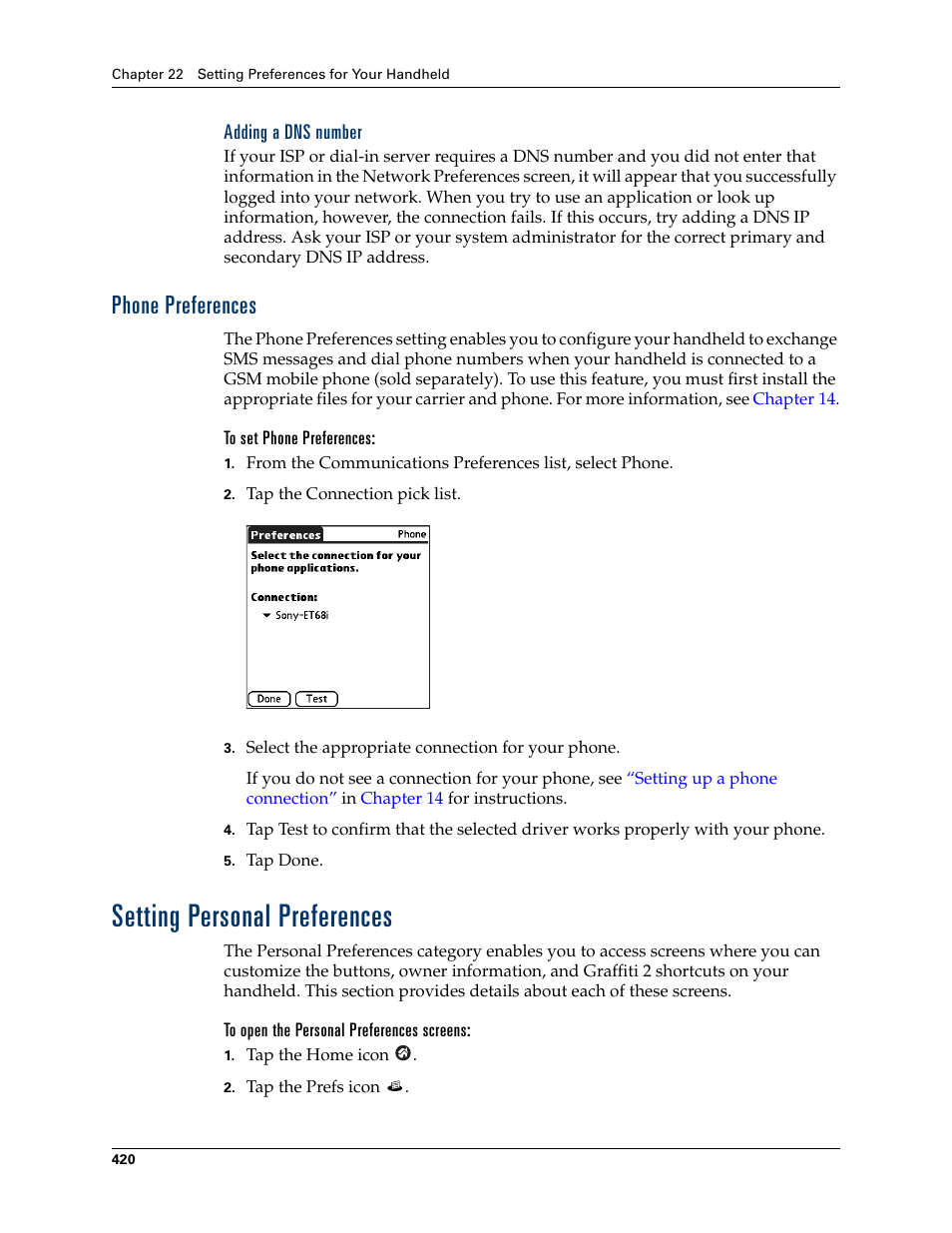 Adding a dns number, Phone preferences, To set phone preferences | Setting personal preferences, To open the personal preferences screens | Palm TUNGSTEN T2 User Manual | Page 434 / 502