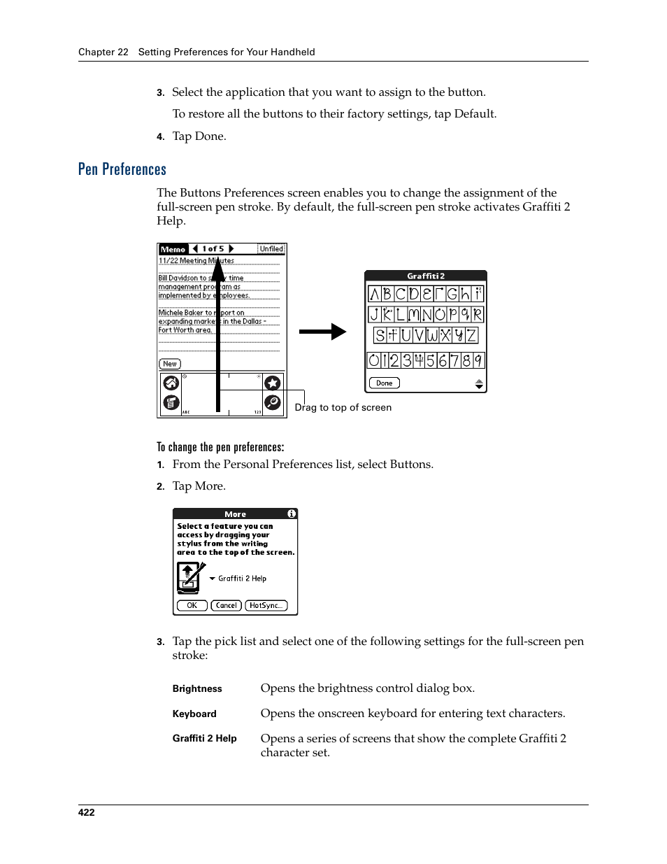 Pen preferences, To change the pen preferences, L. see | Chapter 22, Preferences | Palm TUNGSTEN T2 User Manual | Page 436 / 502