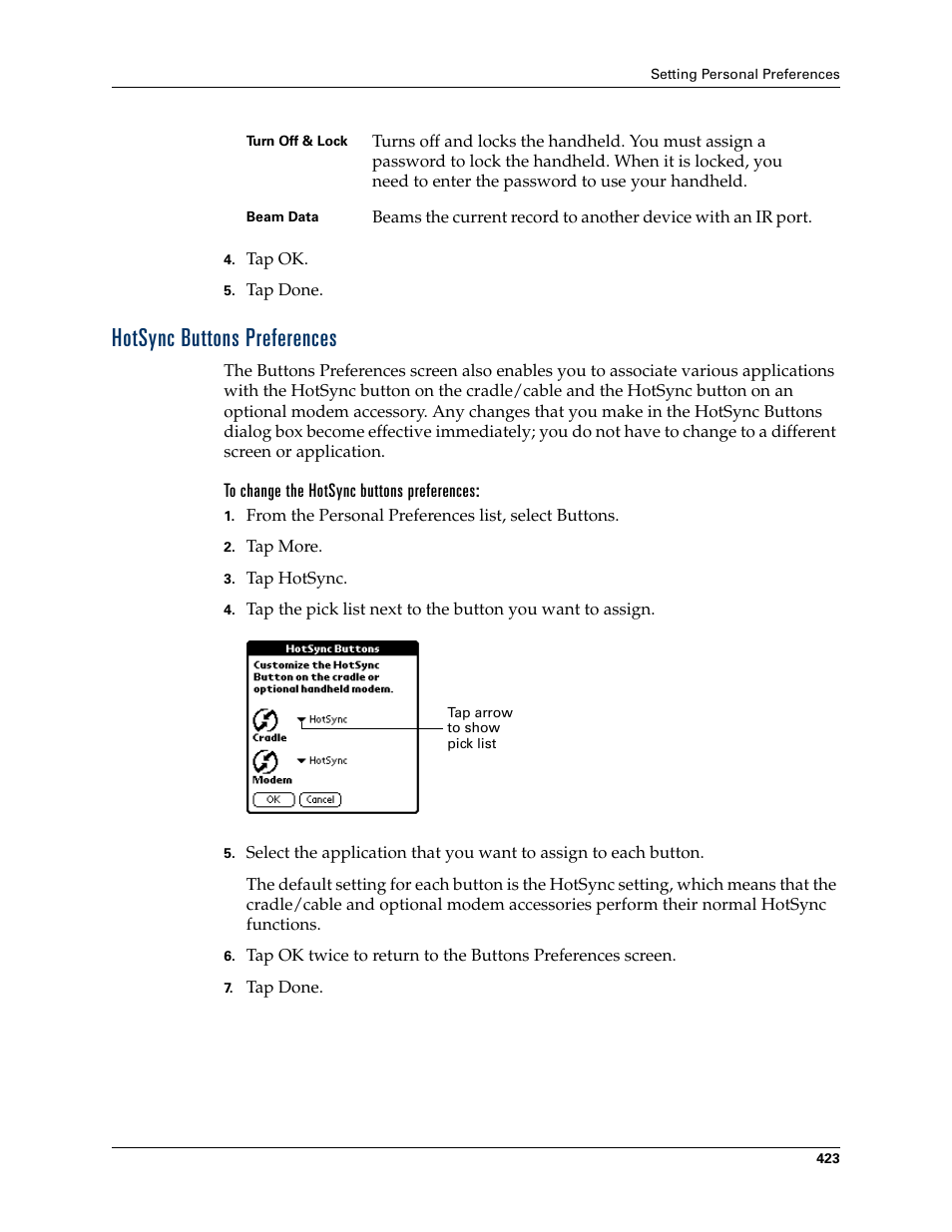 Hotsync buttons preferences, To change the hotsync buttons preferences | Palm TUNGSTEN T2 User Manual | Page 437 / 502