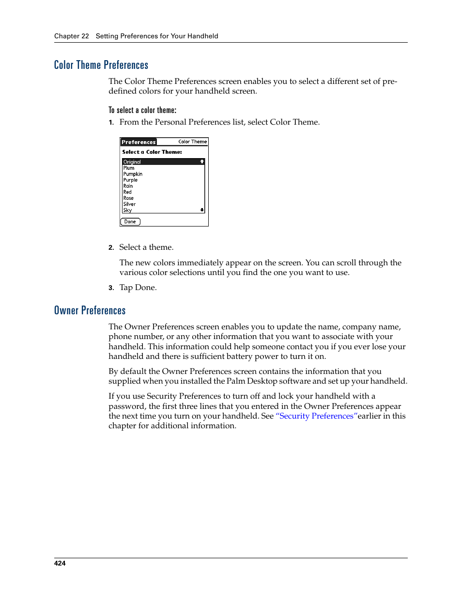 Color theme preferences, To select a color theme, Owner preferences | Color theme preferences owner preferences | Palm TUNGSTEN T2 User Manual | Page 438 / 502