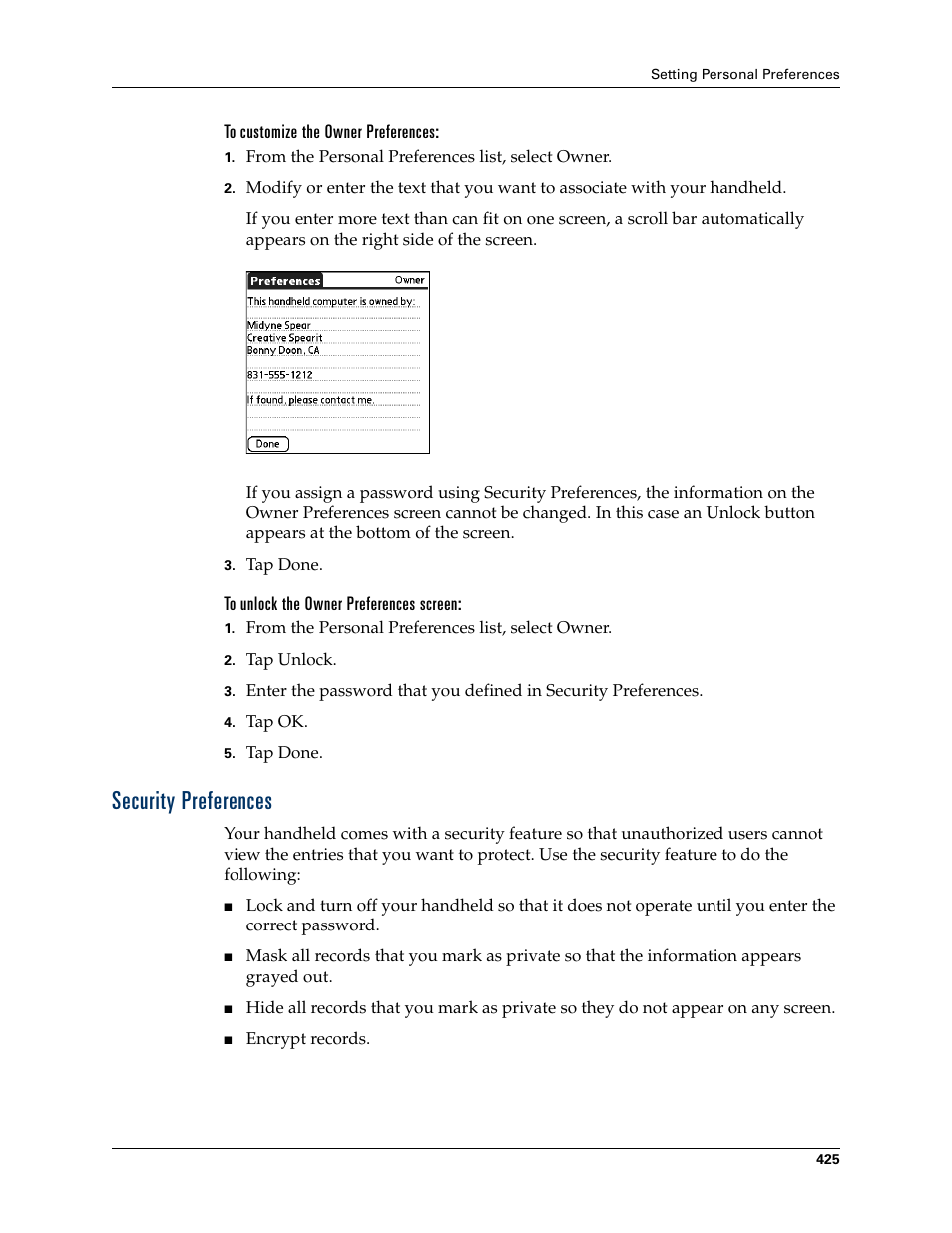 To customize the owner preferences, To unlock the owner preferences screen, Security preferences | Palm TUNGSTEN T2 User Manual | Page 439 / 502