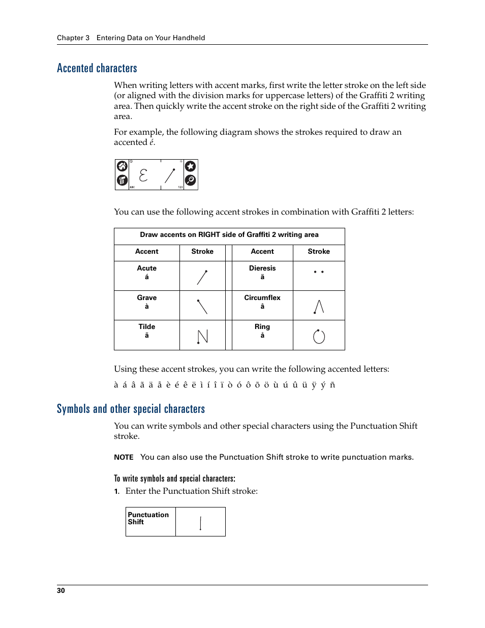 Accented characters, Symbols and other special characters, To write symbols and special characters | Palm TUNGSTEN T2 User Manual | Page 44 / 502