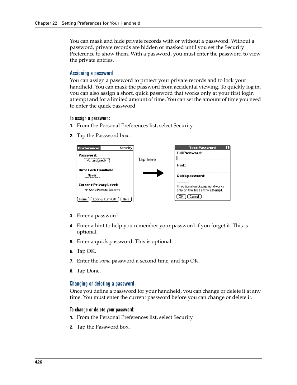 Assigning a password, To assign a password, Changing or deleting a password | To change or delete your password | Palm TUNGSTEN T2 User Manual | Page 440 / 502