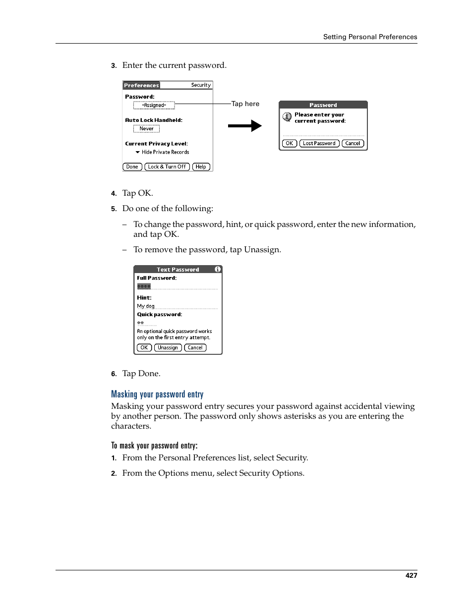 Masking your password entry, To mask your password entry | Palm TUNGSTEN T2 User Manual | Page 441 / 502