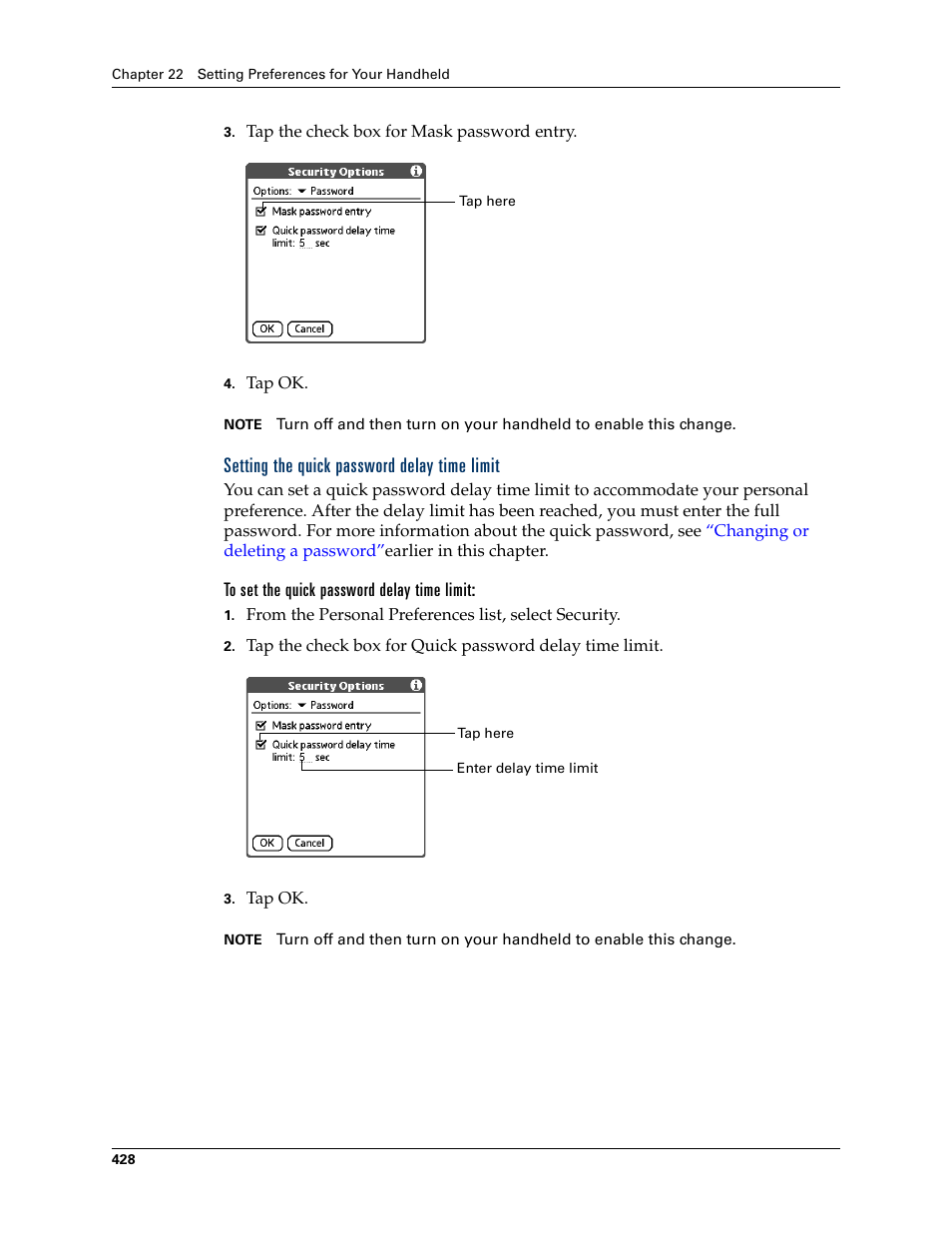 Setting the quick password delay time limit, To set the quick password delay time limit | Palm TUNGSTEN T2 User Manual | Page 442 / 502