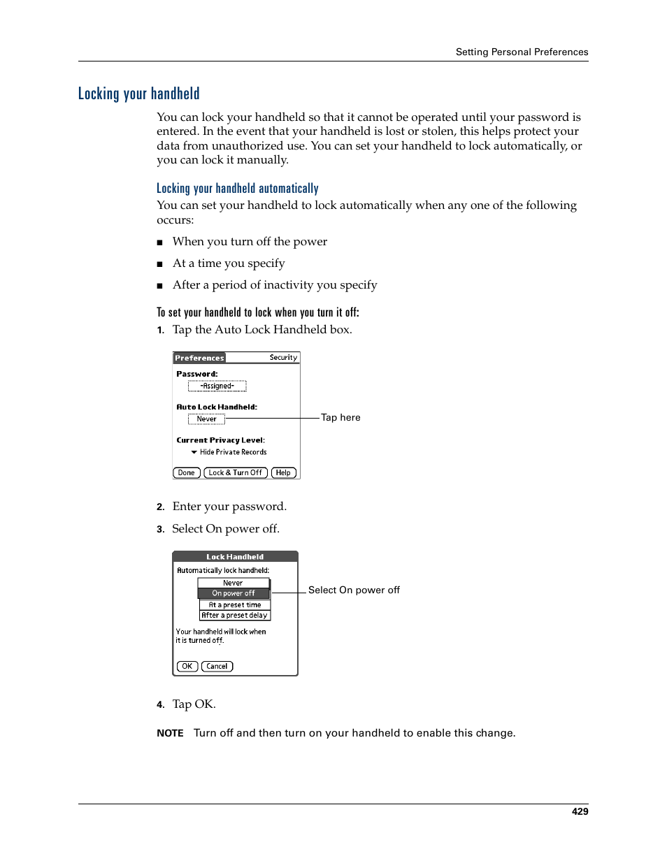 Locking your handheld, Locking your handheld automatically, To set your handheld to lock when you turn it off | Palm TUNGSTEN T2 User Manual | Page 443 / 502