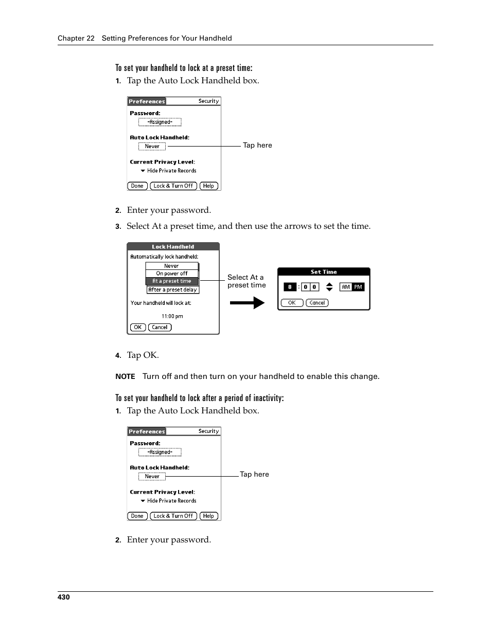 To set your handheld to lock at a preset time | Palm TUNGSTEN T2 User Manual | Page 444 / 502