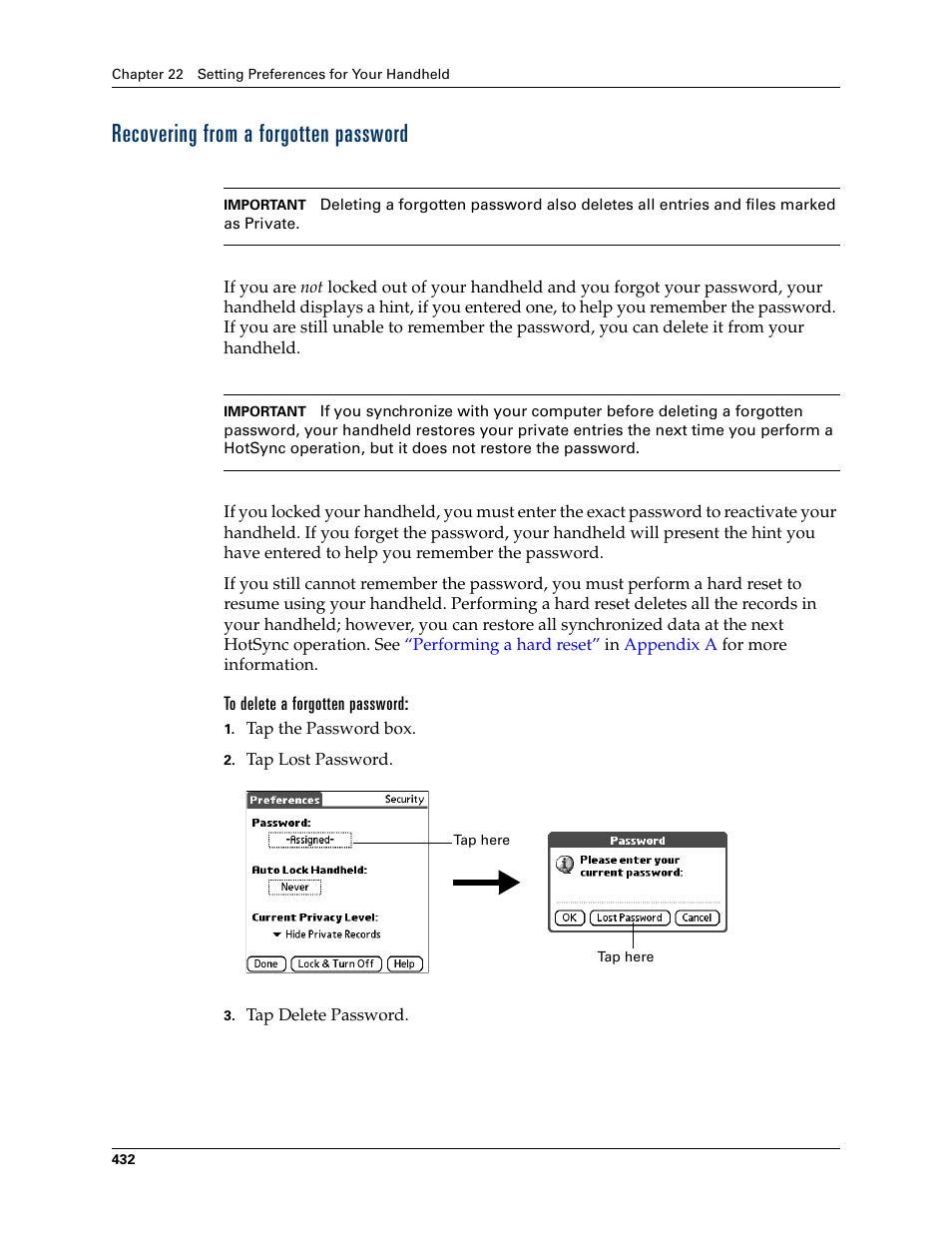 Recovering from a forgotten password, To delete a forgotten password | Palm TUNGSTEN T2 User Manual | Page 446 / 502