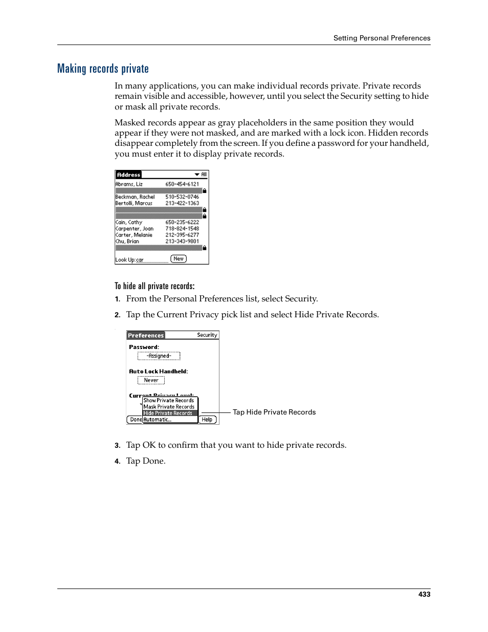 Making records private, To hide all private records | Palm TUNGSTEN T2 User Manual | Page 447 / 502