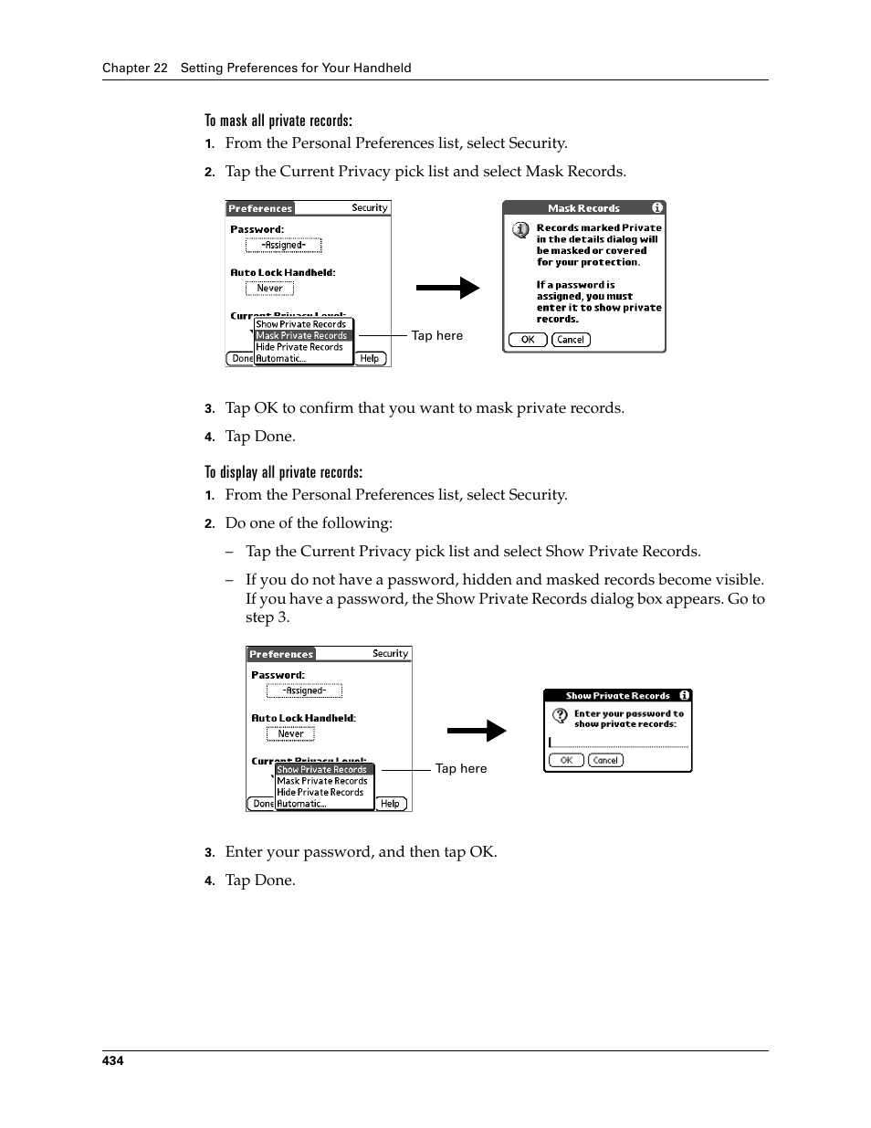 To mask all private records, To display all private records | Palm TUNGSTEN T2 User Manual | Page 448 / 502