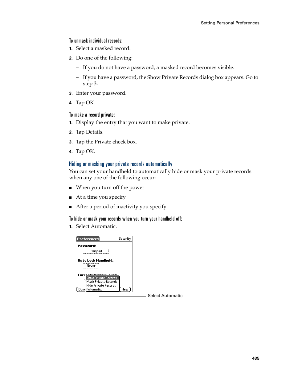 To unmask individual records, To make a record private, Hiding or masking your | Private records automatically, Chapter 22 | Palm TUNGSTEN T2 User Manual | Page 449 / 502