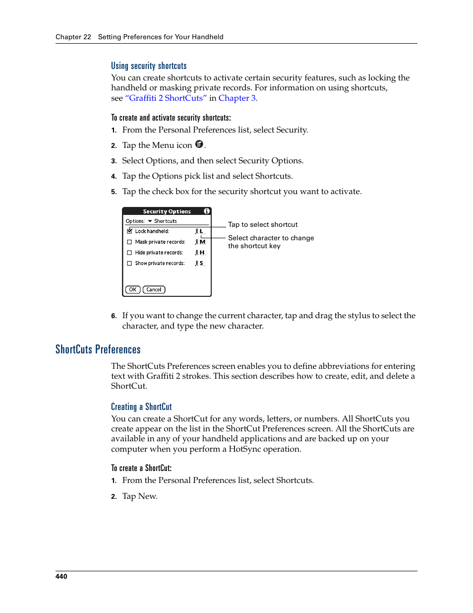 Using security shortcuts, To create and activate security shortcuts, Shortcuts preferences | Creating a shortcut, To create a shortcut, Shortcuts, Preferences, Chapter 22 | Palm TUNGSTEN T2 User Manual | Page 454 / 502