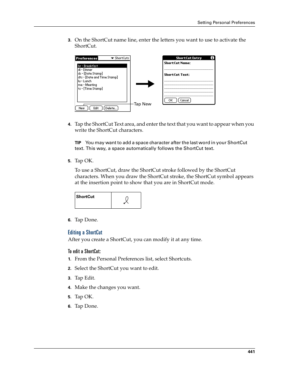 Editing a shortcut, To edit a shortcut | Palm TUNGSTEN T2 User Manual | Page 455 / 502