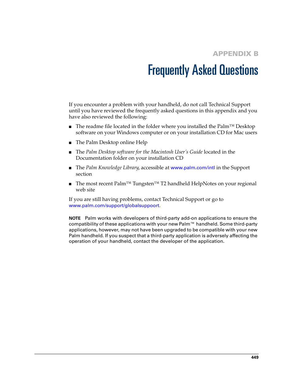 Frequently asked questions, Appendix b: frequently asked questions, Appendix b | Palm TUNGSTEN T2 User Manual | Page 463 / 502