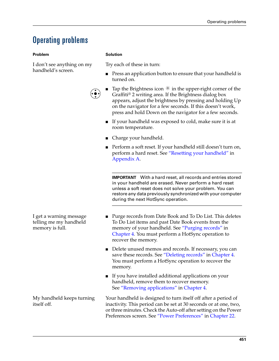 Operating problems, Appendix b | Palm TUNGSTEN T2 User Manual | Page 465 / 502