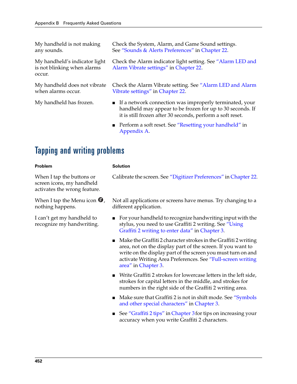 Tapping and writing problems | Palm TUNGSTEN T2 User Manual | Page 466 / 502