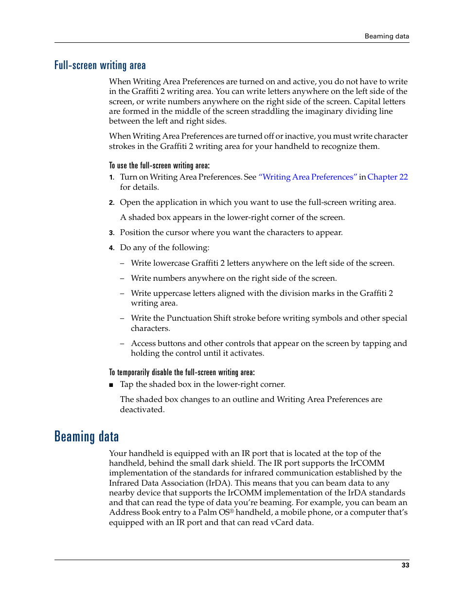 Full-screen writing area, To use the full-screen writing area, Beaming data | Chapter 3 | Palm TUNGSTEN T2 User Manual | Page 47 / 502