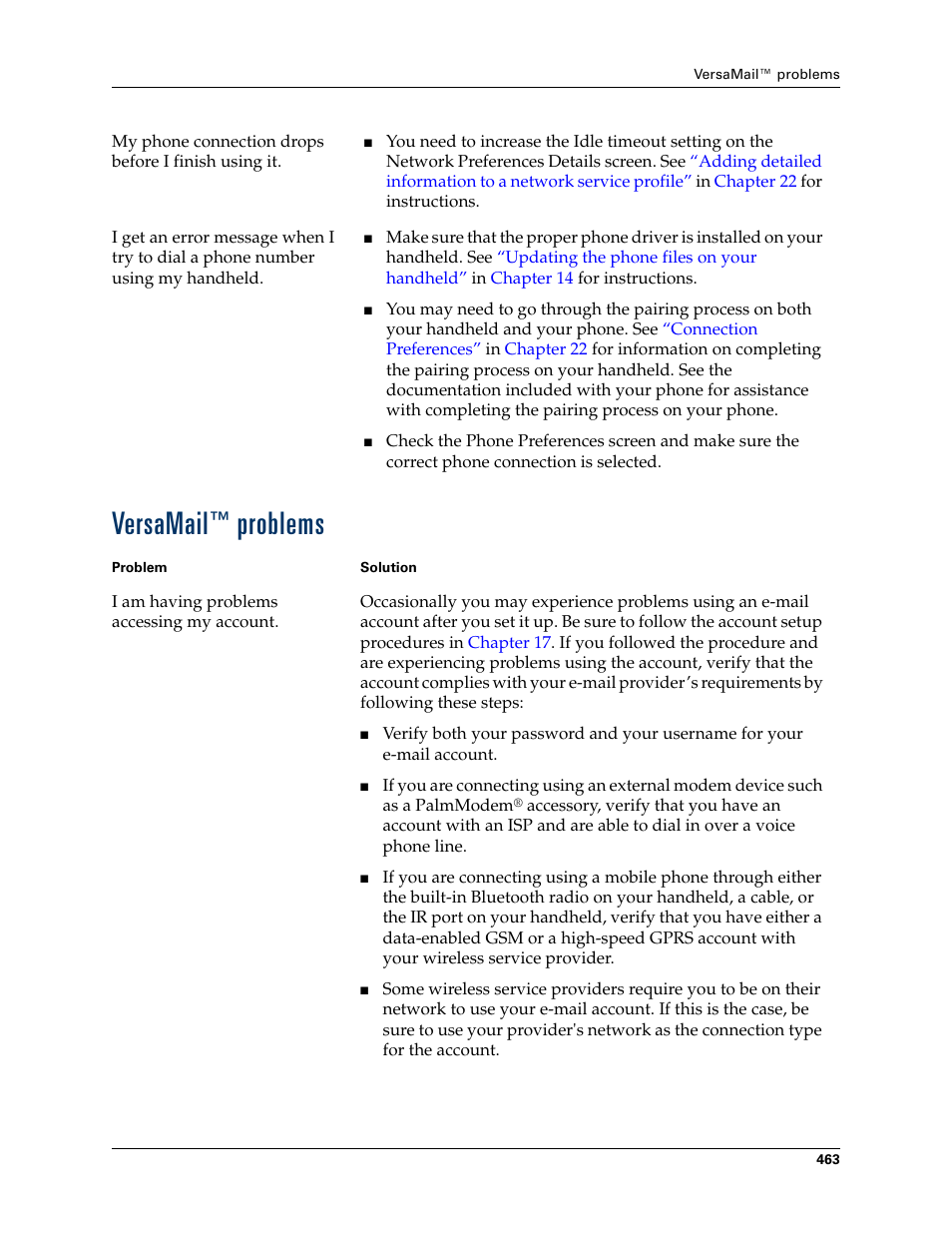 Versamail™ problems, Versamail, Problems | Palm TUNGSTEN T2 User Manual | Page 477 / 502