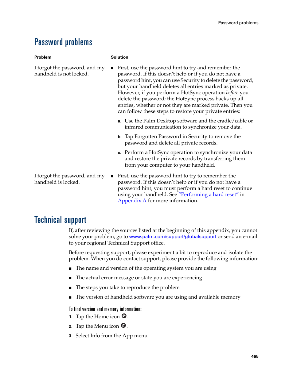 Password problems, Technical support, To find version and memory information | Password problems technical support | Palm TUNGSTEN T2 User Manual | Page 479 / 502