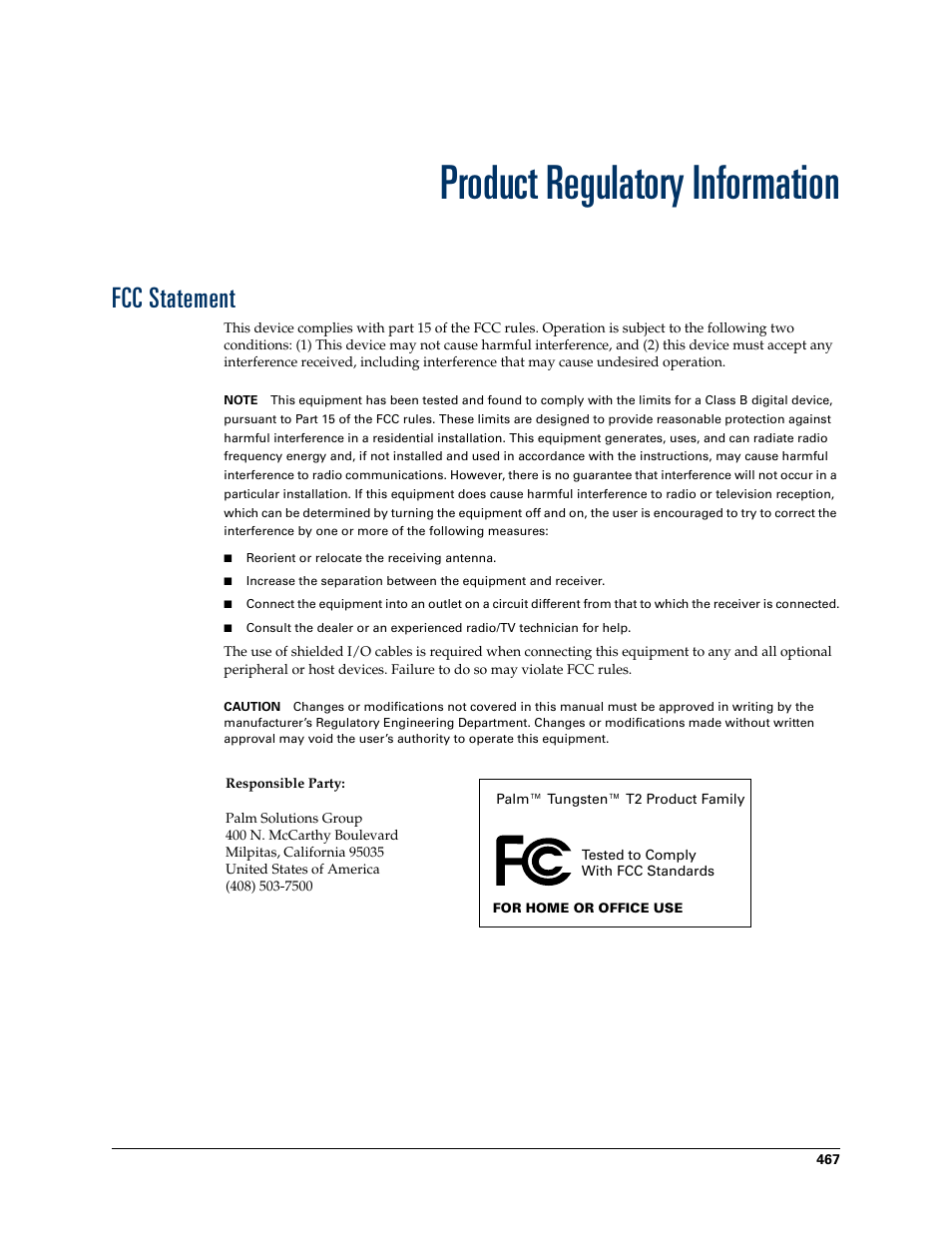 Product regulatory information, Fcc statement | Palm TUNGSTEN T2 User Manual | Page 481 / 502