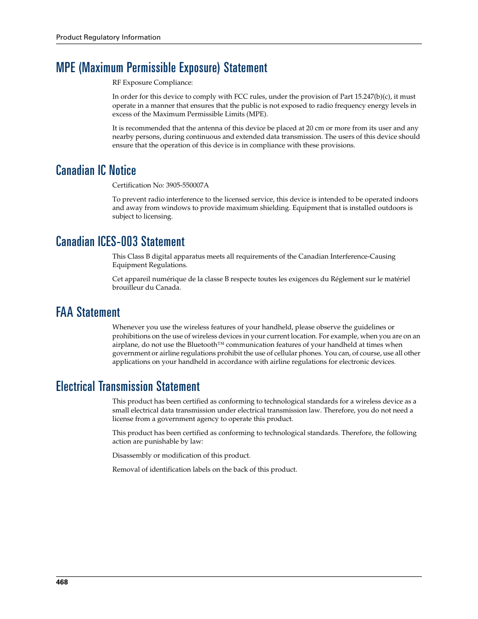 Mpe (maximum permissible exposure) statement, Canadian ic notice, Canadian ices-003 statement | Faa statement, Electrical transmission statement | Palm TUNGSTEN T2 User Manual | Page 482 / 502