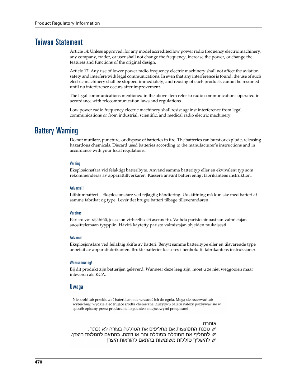 Varning, Advarsel, Varoitus | Waarschuwing, Uwaga, Taiwan statement, Battery warning | Palm TUNGSTEN T2 User Manual | Page 484 / 502