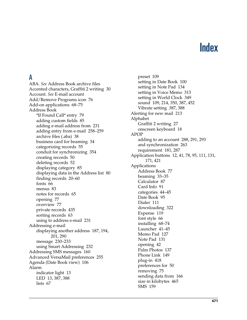 Index | Palm TUNGSTEN T2 User Manual | Page 485 / 502