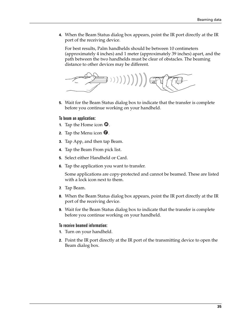 To beam an application, To receive beamed information | Palm TUNGSTEN T2 User Manual | Page 49 / 502