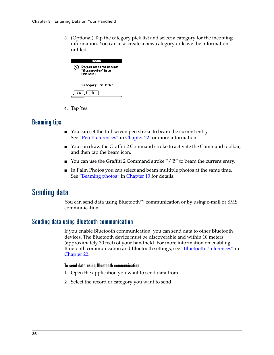 Beaming tips, Sending data, Sending data using bluetooth communication | To send data using bluetooth communication | Palm TUNGSTEN T2 User Manual | Page 50 / 502