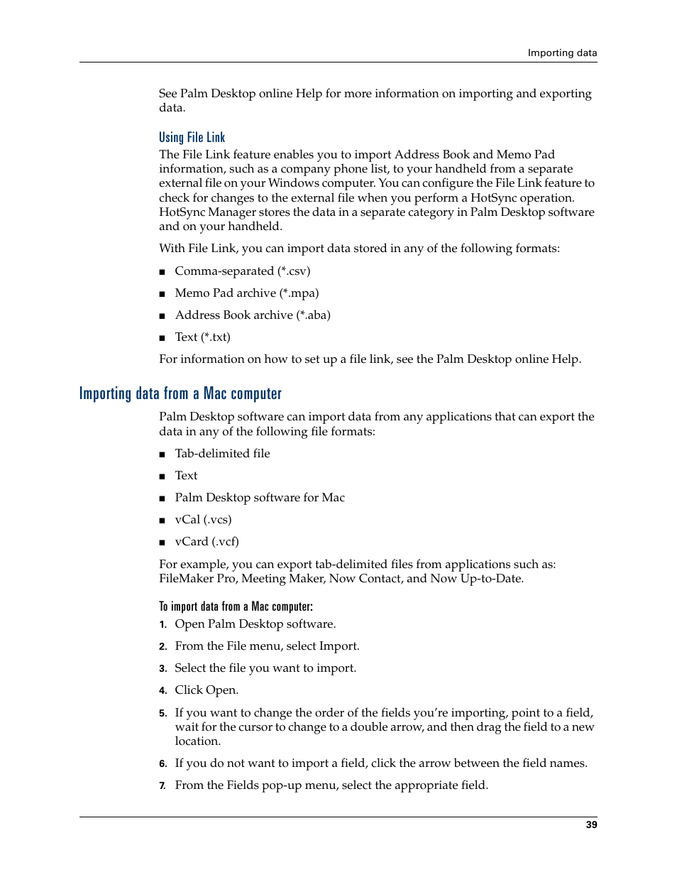 Using file link, Importing data from a mac computer, To import data from a mac computer | Palm TUNGSTEN T2 User Manual | Page 53 / 502