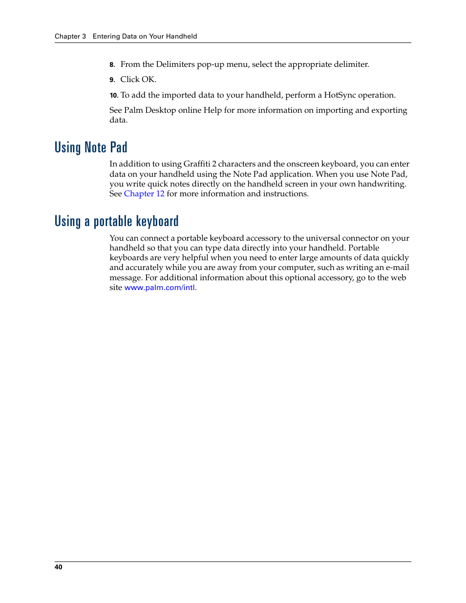 Using note pad, Using a portable keyboard, Using note pad using a portable keyboard | Palm TUNGSTEN T2 User Manual | Page 54 / 502