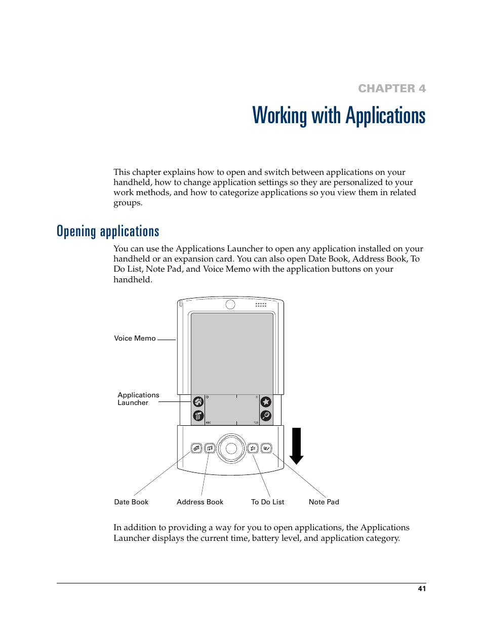 Working with applications, Opening applications, Chapter 4: working with applications | Chapter 4 | Palm TUNGSTEN T2 User Manual | Page 55 / 502