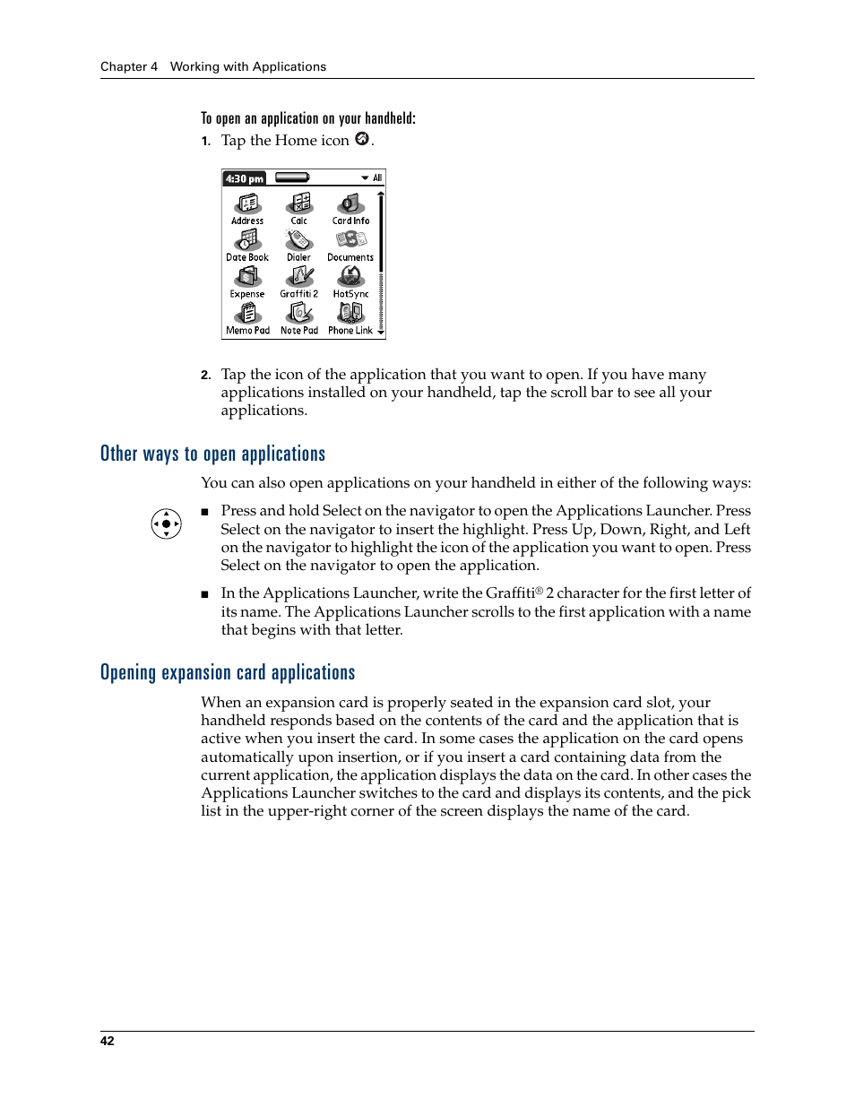 To open an application on your handheld, Other ways to open applications, Opening expansion card applications | Palm TUNGSTEN T2 User Manual | Page 56 / 502