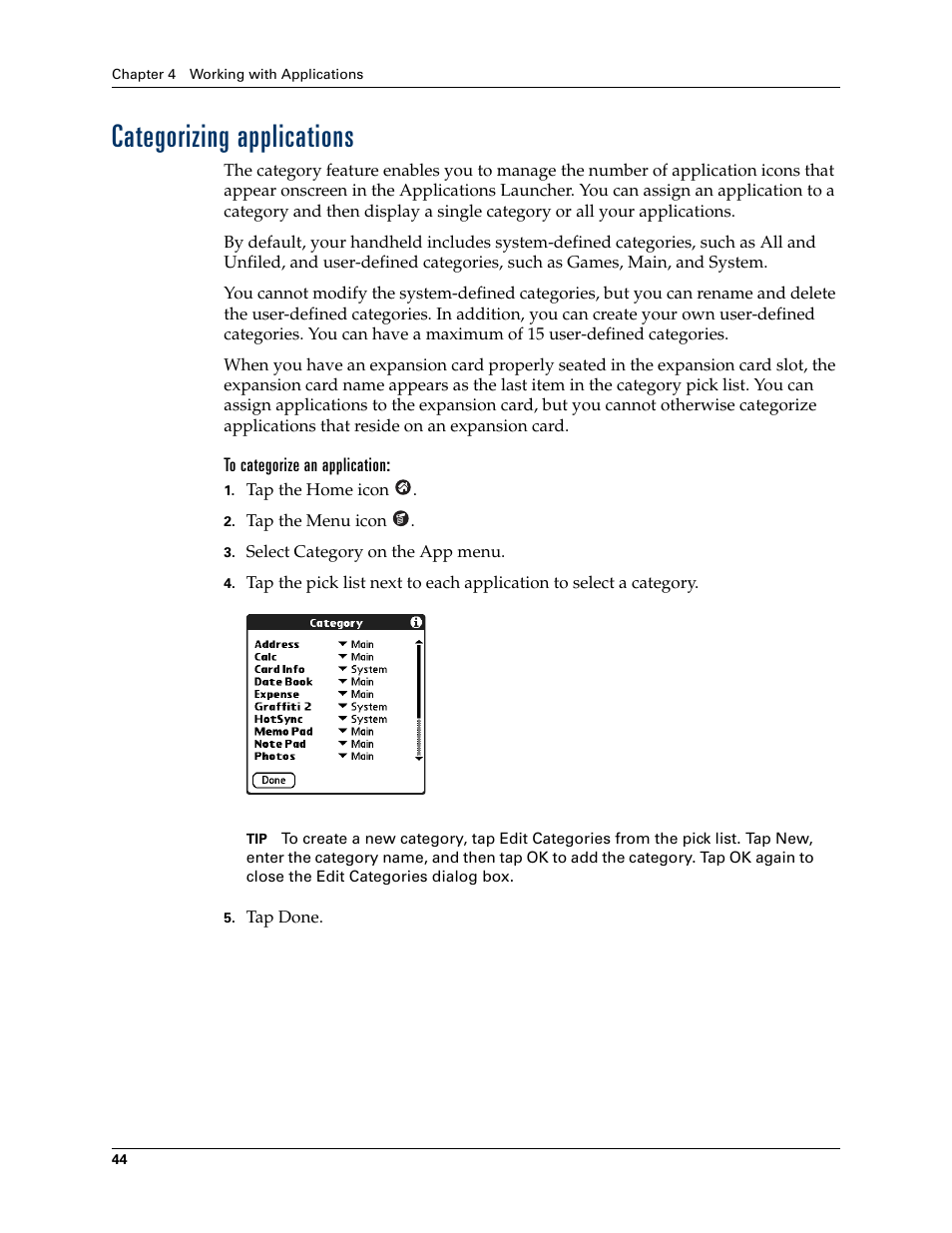 Categorizing applications, To categorize an application | Palm TUNGSTEN T2 User Manual | Page 58 / 502