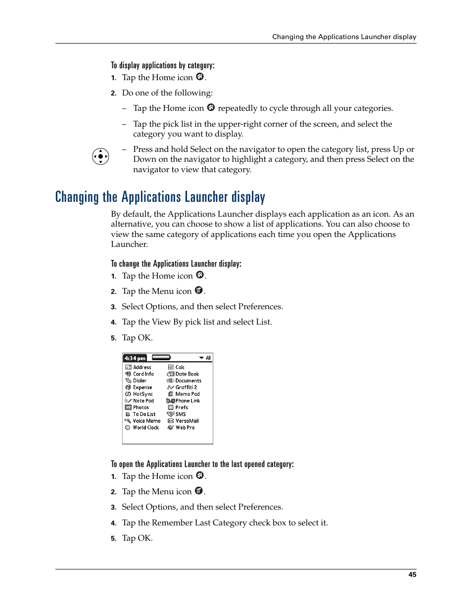 To display applications by category, Changing the applications launcher display, To change the applications launcher display | Palm TUNGSTEN T2 User Manual | Page 59 / 502