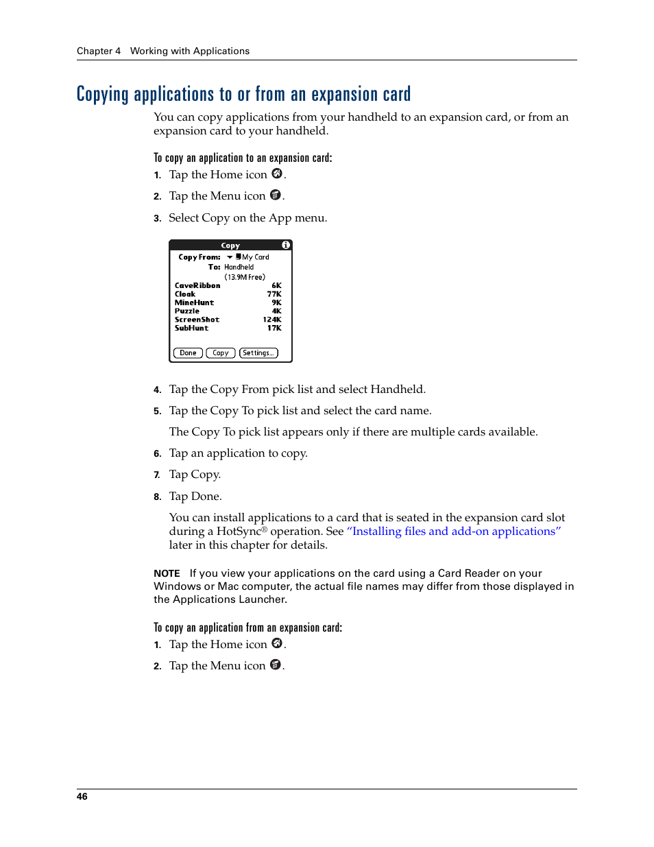 Copying applications to or from an expansion card, To copy an application to an expansion card, To copy an application from an expansion card | Palm TUNGSTEN T2 User Manual | Page 60 / 502