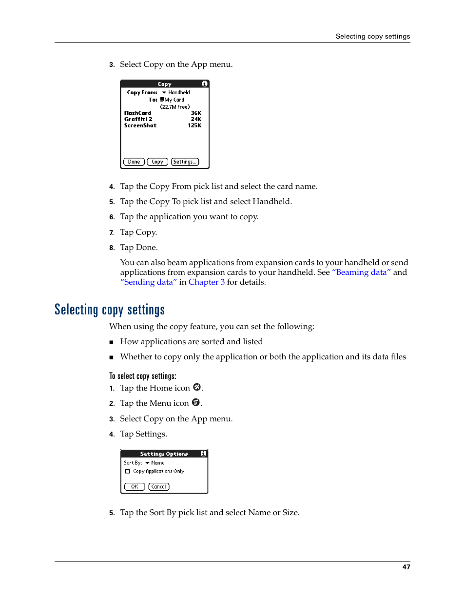 Selecting copy settings, To select copy settings | Palm TUNGSTEN T2 User Manual | Page 61 / 502