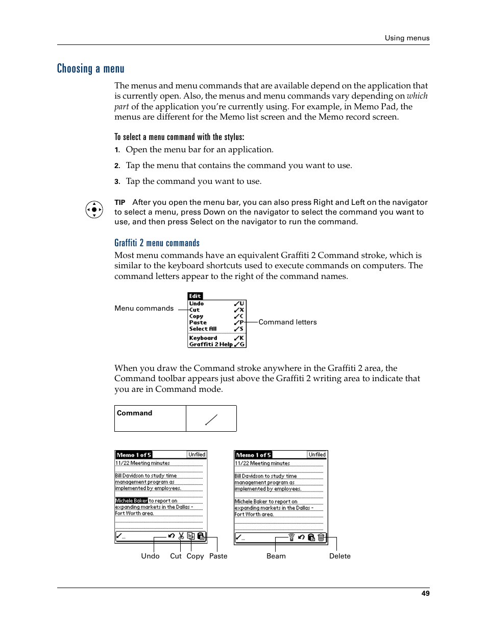 Choosing a menu, To select a menu command with the stylus, Graffiti 2 menu commands | Palm TUNGSTEN T2 User Manual | Page 63 / 502