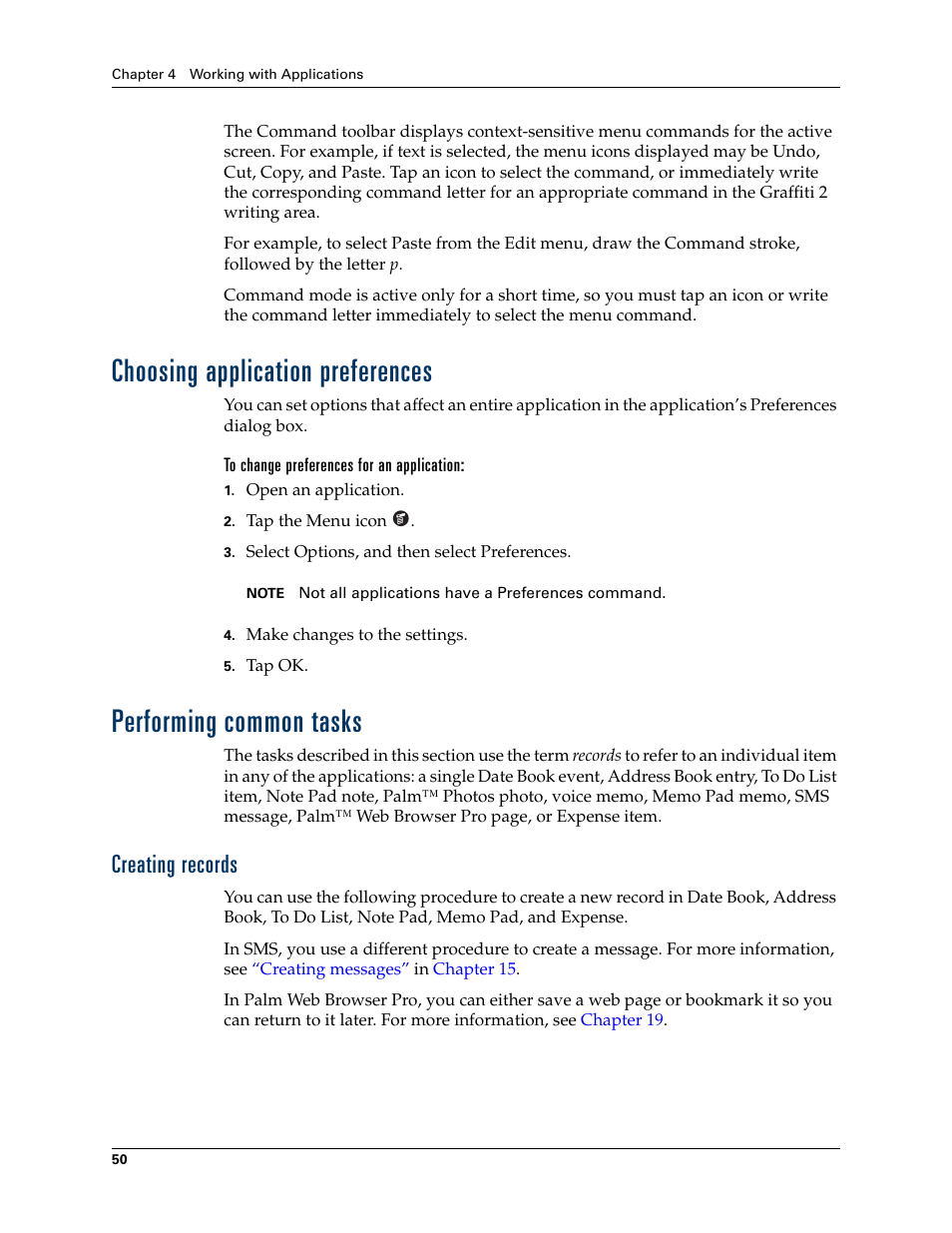 Choosing application preferences, To change preferences for an application, Performing common tasks | Creating records | Palm TUNGSTEN T2 User Manual | Page 64 / 502