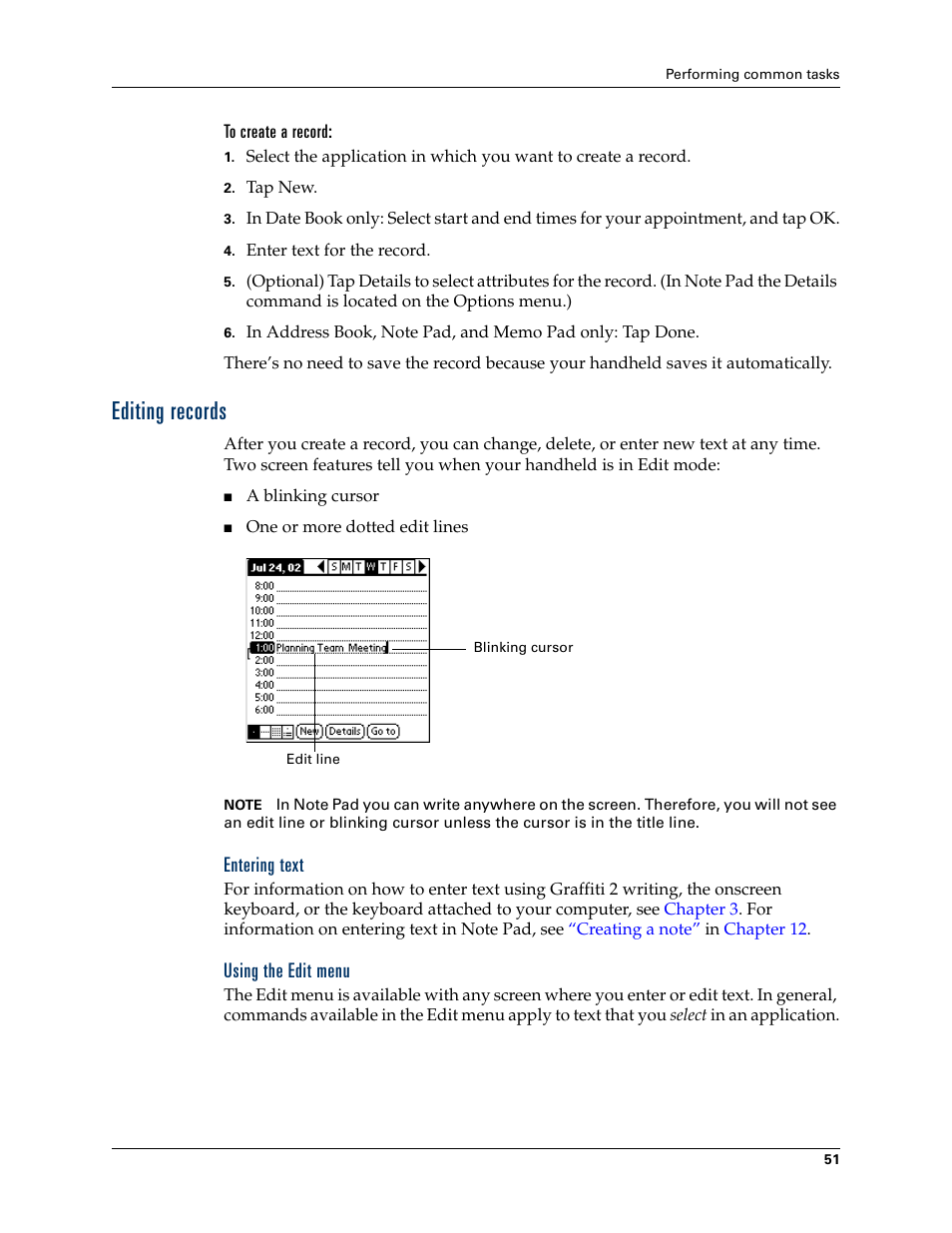 To create a record, Editing records, Entering text | Using the edit menu | Palm TUNGSTEN T2 User Manual | Page 65 / 502