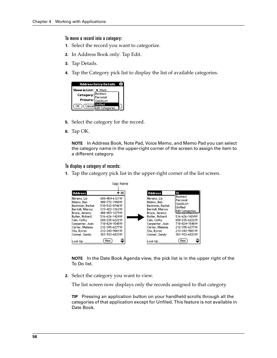 To move a record into a category, To display a category of records | Palm TUNGSTEN T2 User Manual | Page 70 / 502