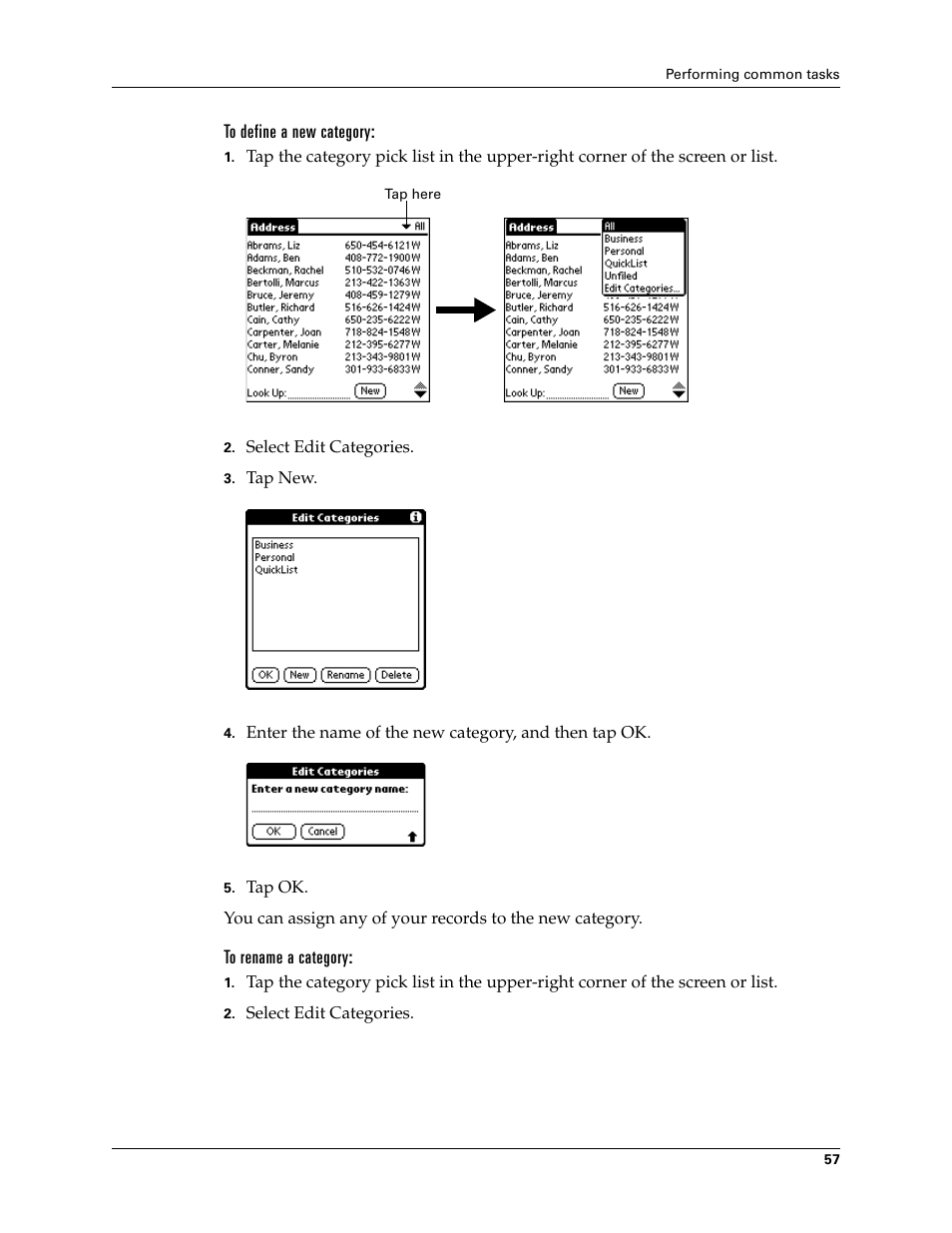 To define a new category, To rename a category | Palm TUNGSTEN T2 User Manual | Page 71 / 502